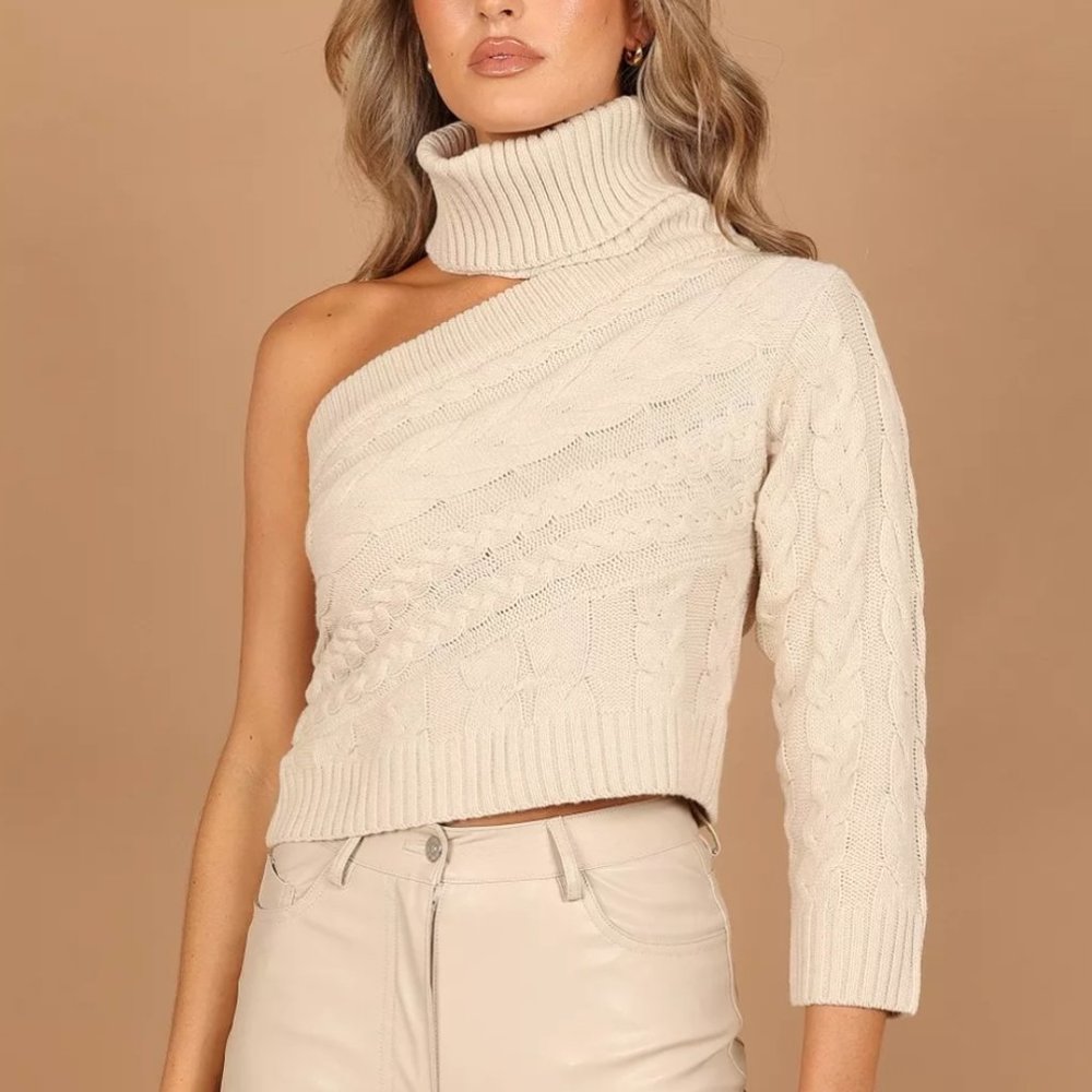 Petal & Pup Goldie Turtleneck One-Shoulder Cut-Out Knit Sweater